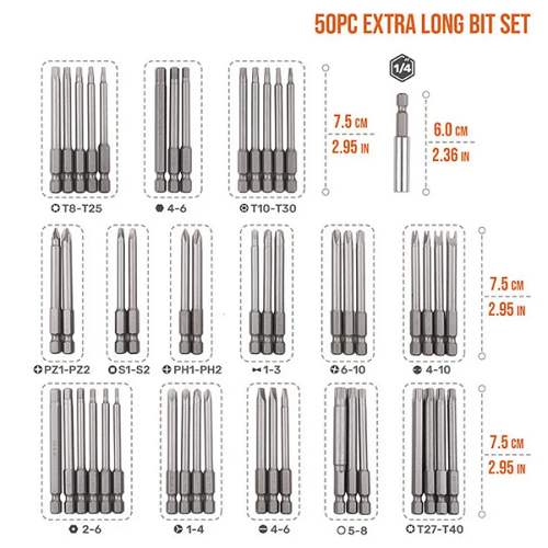 Long Screwdriver Bit Set - Magnetic, 50pcs