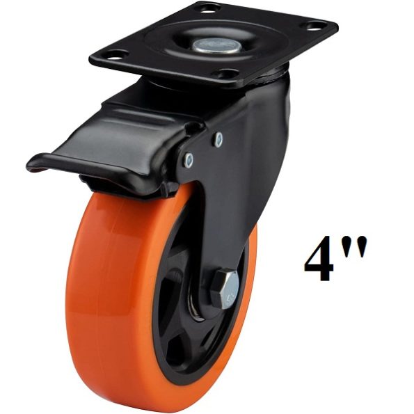 4inch Orange Swivel Caster with Polyurethane Wheel and Locking Brake