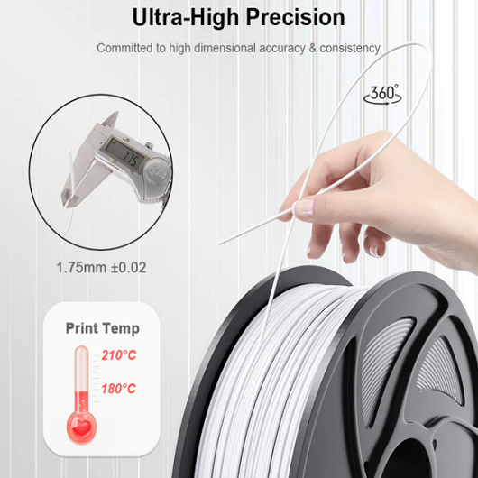 White PLA+ Filament Spool for 3D Printer - 1kg, 1.75mm