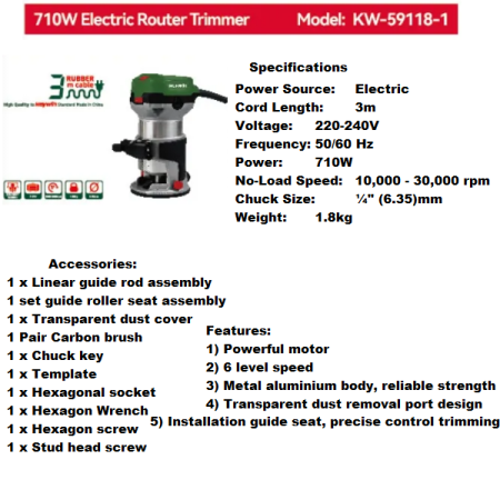 1/4inch Electric Router for Wood - 710W, 6.35mm - Keywin KW-59118-1