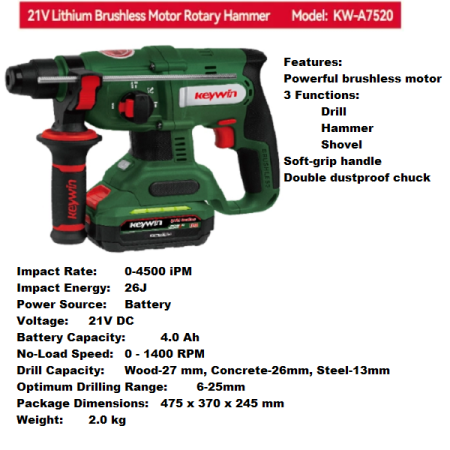 21V Cordless Rotary Hammer Drill with one 4.0Ah battery pack and charger - Keywin A7520