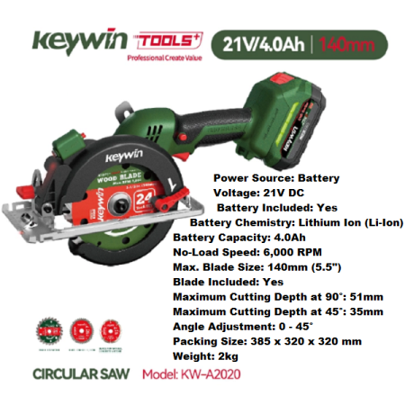 5.5inch Cordless Circular Saw - 21V, 4.0Ah,140mm - Keywin KW-A2020