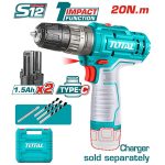 10mm Cordless impact Drill with Carrying Case, 2 x 1.5Ah Battery Pack, 4 x Drill Bits, Charger Sold Separately - Total TIDLI12202