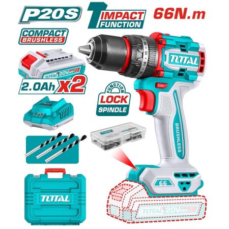 13mm Compact Brushless Cordless Impact Drill with Carrying Case, 2 x 2.0Ah Battery Pack, 3 x Drill Bits, 47 Pcs Accessories & Charger - Total TIDLI20668