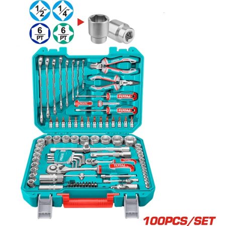 100 Pcs Tools Set with Sockets, Ratchets, Spanners, Pliers, Hex keys, Screwdriver Bits - TOTAL THKTHP21006