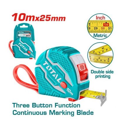 10mx25mm Steel Measuring Tape with 3 Stop Button Function - TOTAL TMT126101