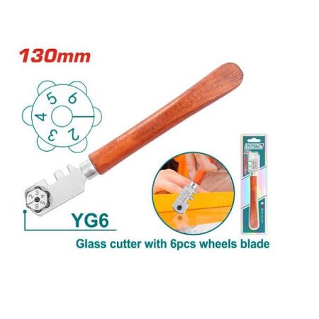 130mm Glass Cutter with Wooden Handle & 6pcs Wheels Blade - TOTAL THT561301