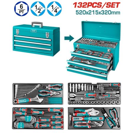 132 Pcs Tools Chest Set with Punch, Hammer, Sockets, Ratchets, Spanners, Pliers, Hex keys, Screwdriver Bits - TOTAL THPTCS71321