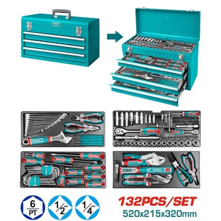 132 Pcs Tools Chest Set with Punch, Hammer, Sockets, Ratchets, Spanners, Pliers, Hex keys, Screwdriver Bits - TOTAL THPTCS71321