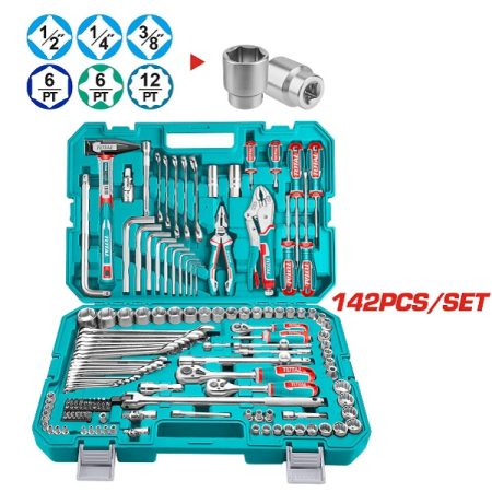 142Pcs Combination Tools Set with Sockets, Ratchets, Spanners, Pliers, Hammer, Screwdrivers, Screwdriver Bits - TOTAL THKTHP21426