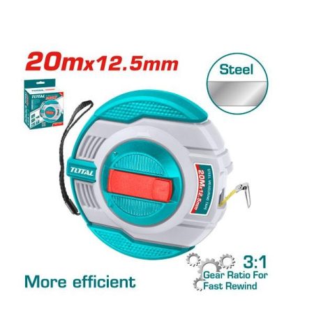 20mx12.5mm Steel Measuring Tape with 3:1 Gear Ratio for Fast Rewind - TOTAL TMT11206