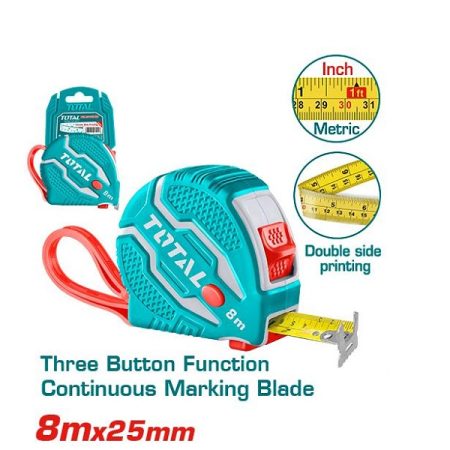 8mx25mm Steel Measuring Tape with Rubber Cover - TOTAL TMT126081