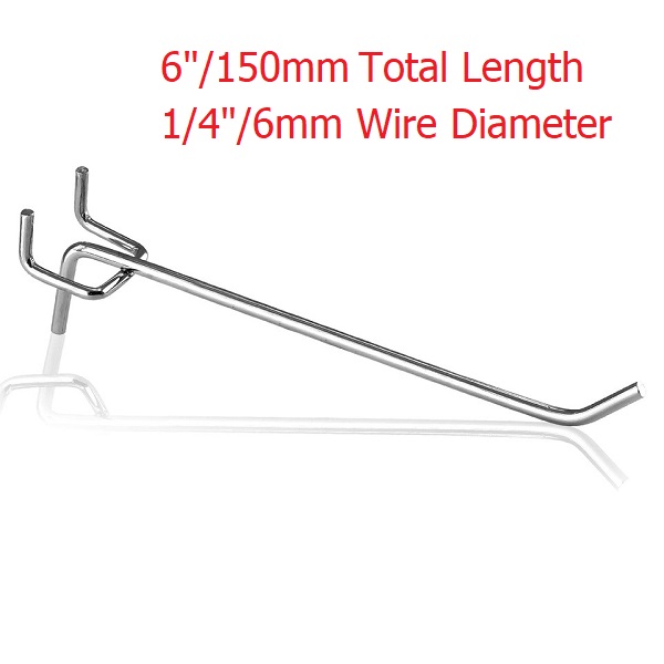 150mm Pegboard Display Hooks 6 inch Length 6mm Diameter Single Prong Chrome Hooks Set of 10Pcs - Centraman CHP-1506