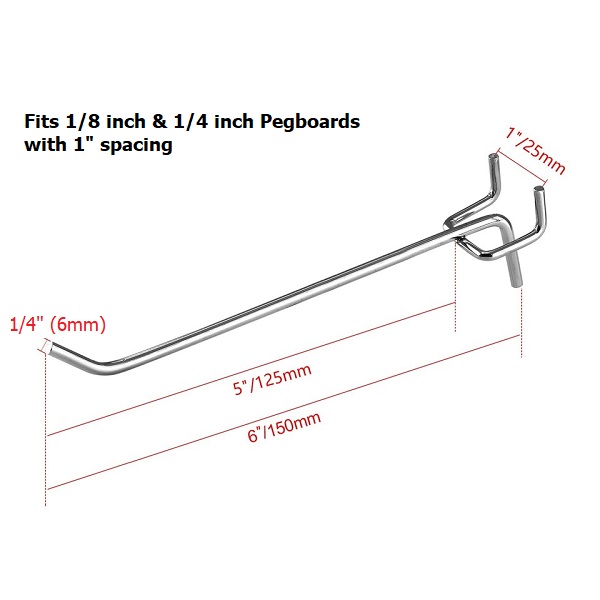 150mm Pegboard Display Hooks 6 inch Length 6mm Diameter Single Prong Chrome Hooks Set of 10Pcs - Centraman CHP-1506
