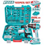 165 Pcs Tools Set (cordless impact drill, hammer, screwdrivers, pliers, wrench, tester, measuring tape, knife, scissors, hacksaw frame, drill bits, screws) - Total THKTHP11652