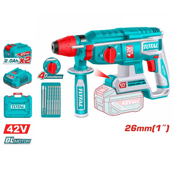 26mm Cordless Li-ion Rotary Hammer with SDS Plus Chuck System & Integrated LED Work Light - TOTAL TRHLI422682