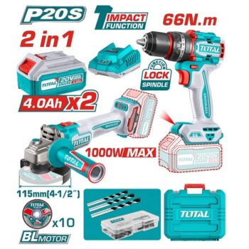 2pcs Combo Kit with Cordless Impact Drill, Cordless Angle Grinder, 2Pcs 4Ah Battery Pack, Charger, 47 Pcs Accessories & 10 Pcs 115mm Abrasive Metal Cutting Disc - Total TCKLI20273