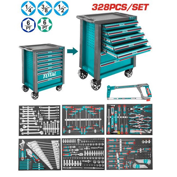 328Pcs Tool Chest Set with 7pcs Drawers, Sockets, Ratchets, Spanners, Pliers, Hex keys, Screwdrivers - TOTAL THPTCS73281