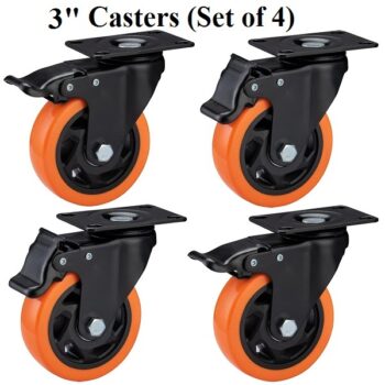 3inch Orange Swivel Caster with Polyurethane Wheel and Locking Brake (Set of 4Pieces)