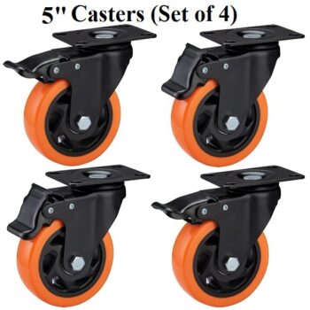 5inch Orange Swivel Caster with Polyurethane Wheel and Locking Brake (Set of 4Pieces)