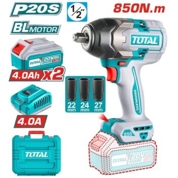 850Nm ½ inch Square Drive Cordless Impact Wrench with 2 Pcs 4.0Ah Battery Pack & 20V Charger - Total TIWLI2085