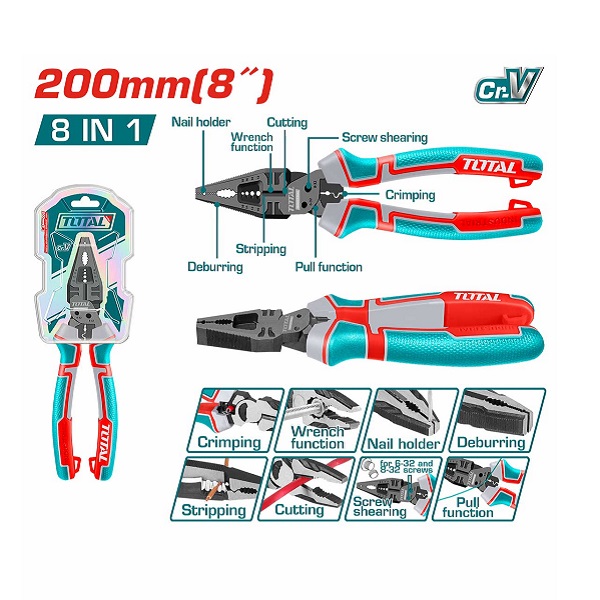8inch (200mm) Multi-Function 8-in-1 Combination Pliers with Crimping, Spanner, Deburring, Stripping, Cutting, Screw Shearing, Pull & Nail Holder Functions - TOTAL THTMF186