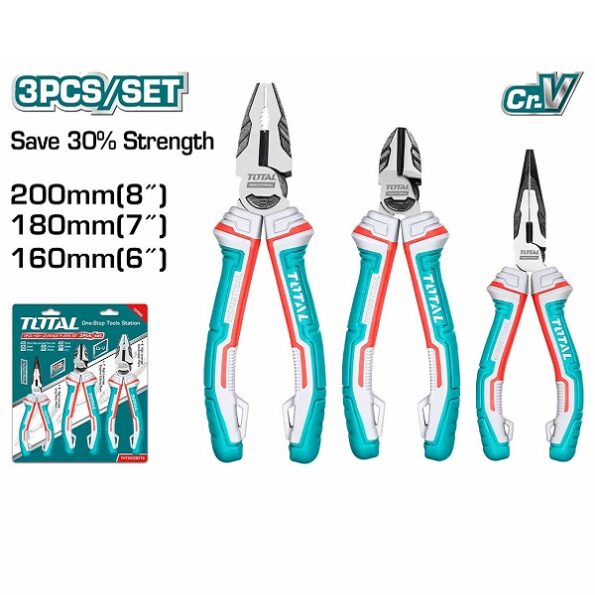 High Leverage Pliers Set of 3 Pcs 8inch High leverage combination pliers, 7inch High leverage diagonal cutting pliers, 6inch High leverage long nose pliers - TOTAL THT2K0301S