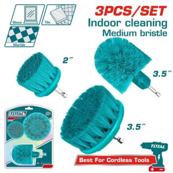 Set of 3 Pcs Medium Bristle Brush For use with a Drill (3.5inch 360-Degree medium brush, 3.5inch medium bristle brush, 2inch medium bristle brush) - TOTAL TACM3001