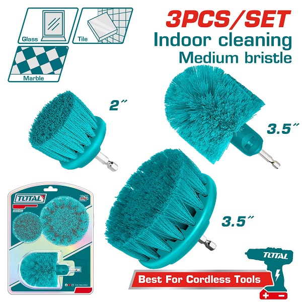 Set of 3 Pcs Medium Bristle Brush For use with a Drill (3.5inch 360-Degree medium brush, 3.5inch medium bristle brush, 2inch medium bristle brush) - TOTAL TACM3001